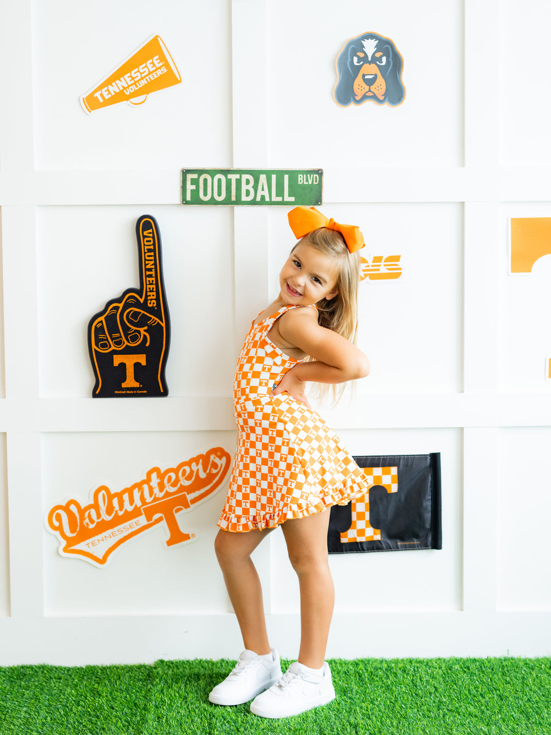 Little Vols Checkerboard Ruffle Hem Dress
