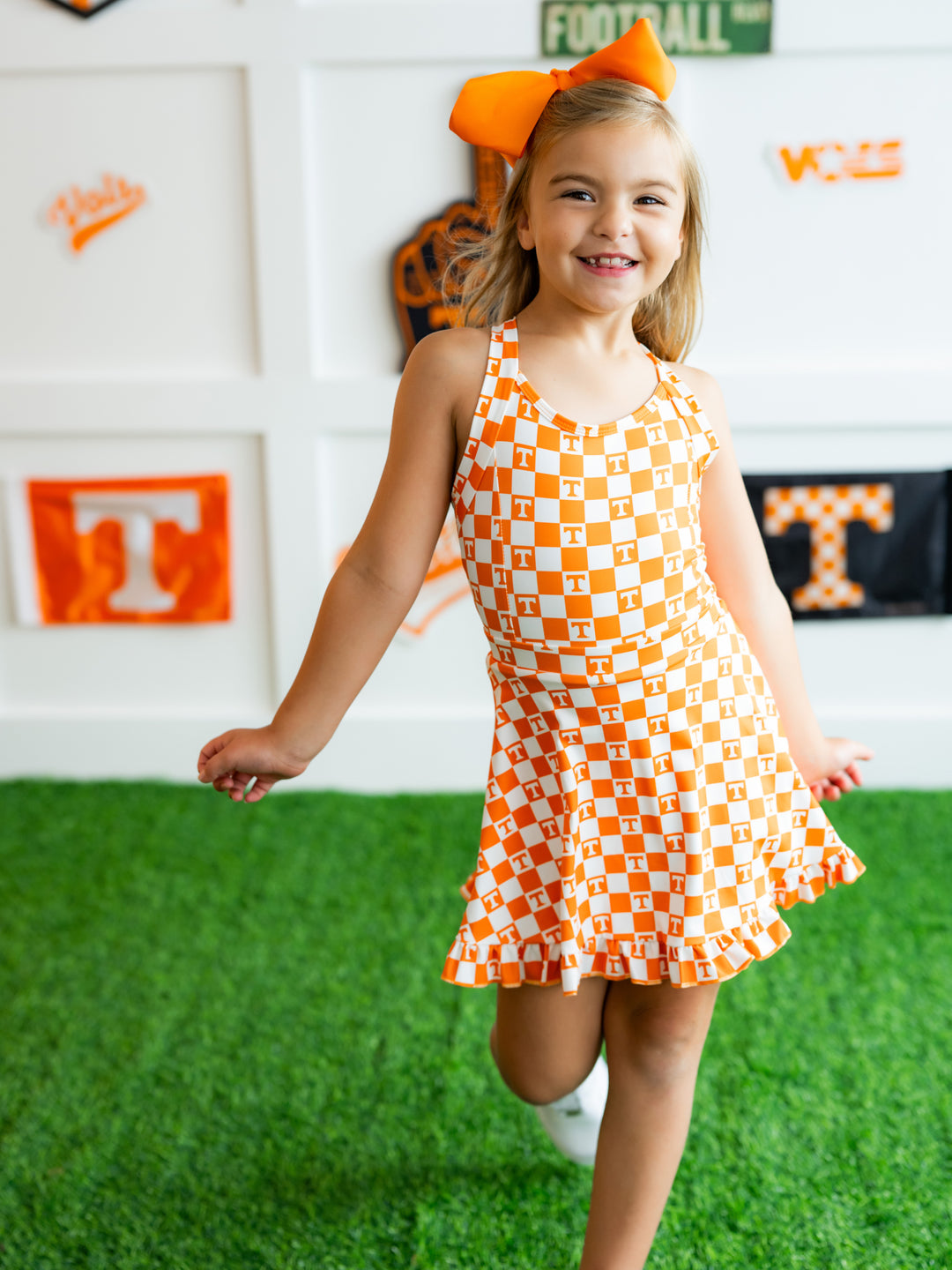 Little Vols Checkerboard Ruffle Hem Dress