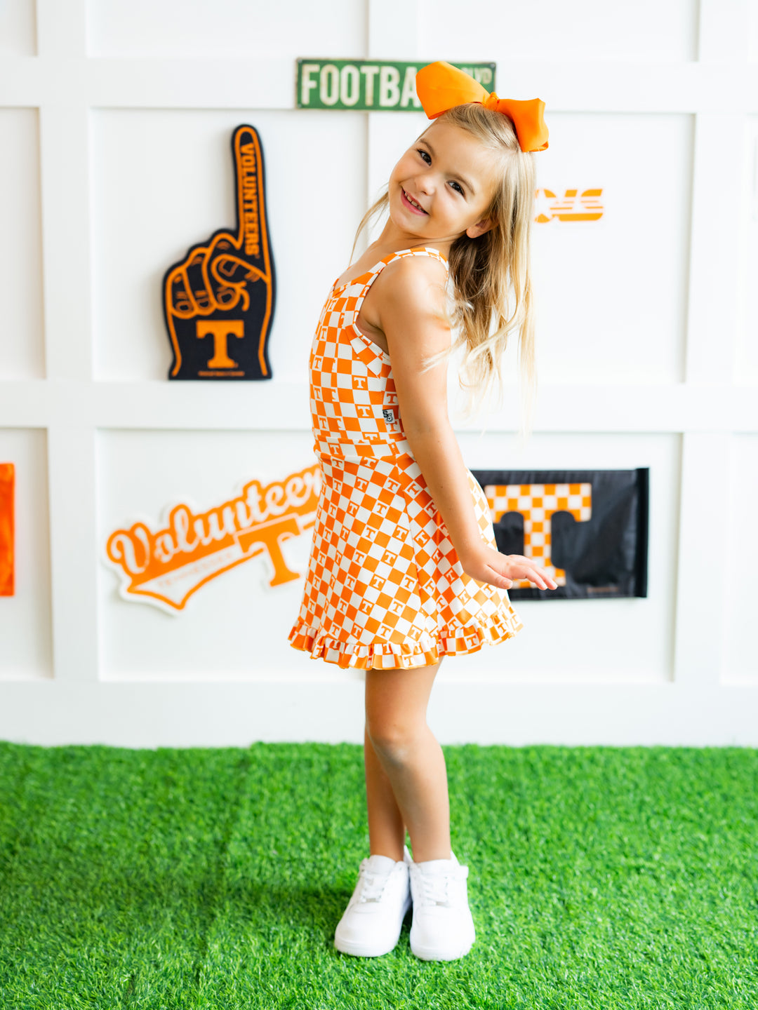 Little Vols Checkerboard Ruffle Hem Dress