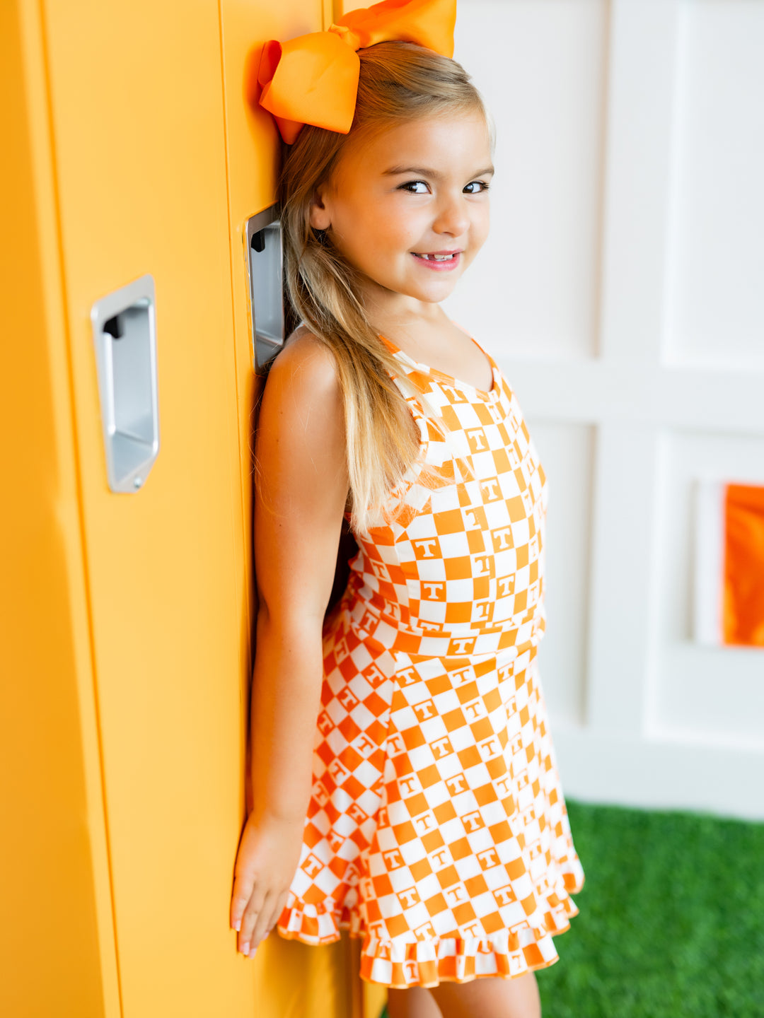 Little Vols Checkerboard Ruffle Hem Dress