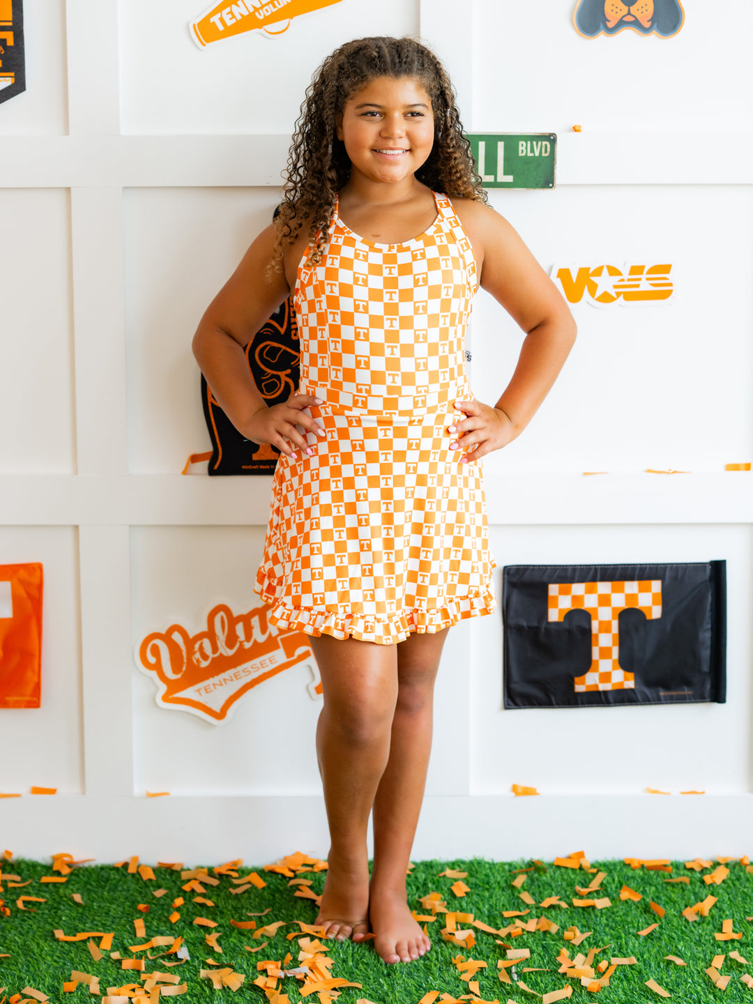 Little Vols Checkerboard Ruffle Hem Dress