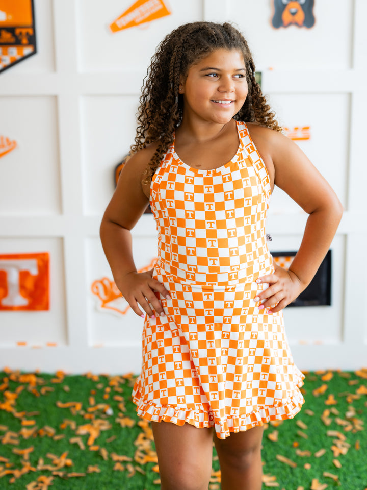 Little Vols Checkerboard Ruffle Hem Dress