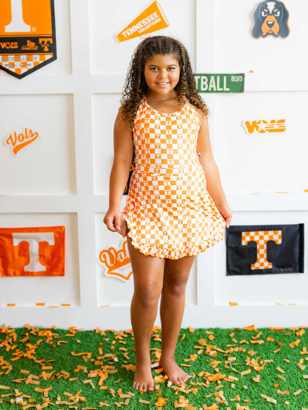 Little Vols Checkerboard Ruffle Hem Dress