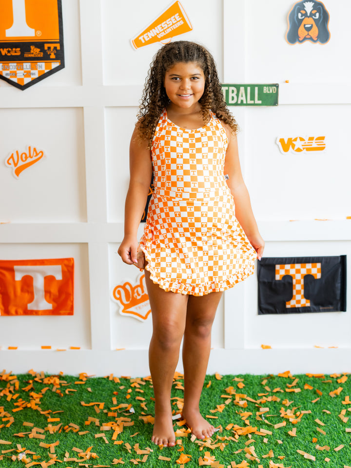 Little Vols Checkerboard Ruffle Hem Dress