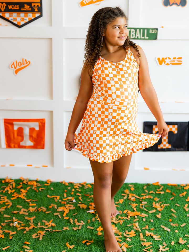 Little Vols Checkerboard Ruffle Hem Dress