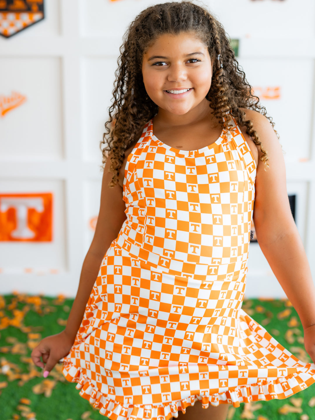 Little Vols Checkerboard Ruffle Hem Dress