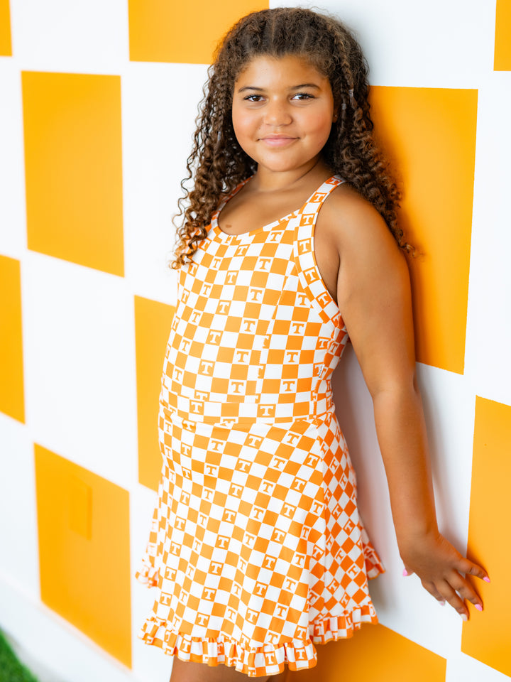 Little Vols Checkerboard Ruffle Hem Dress