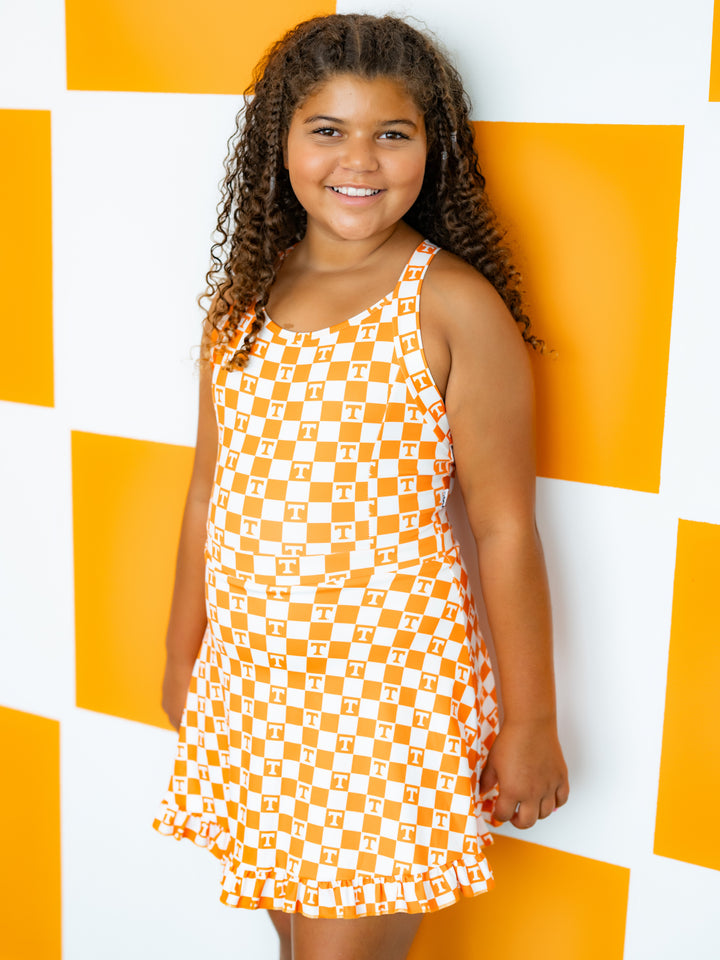 Little Vols Checkerboard Ruffle Hem Dress