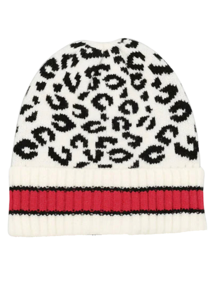 Leopard Beanie with Stripe Cuff