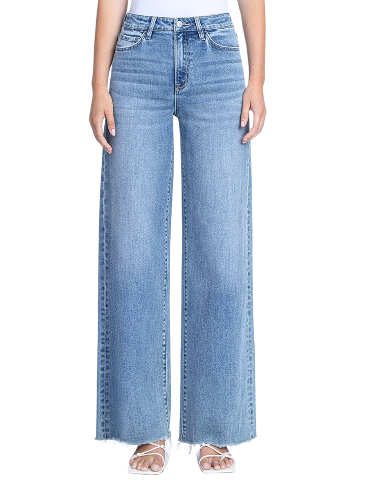 Elevate Super High Rise Medium Wash Raw Hem Wide Leg Jeans