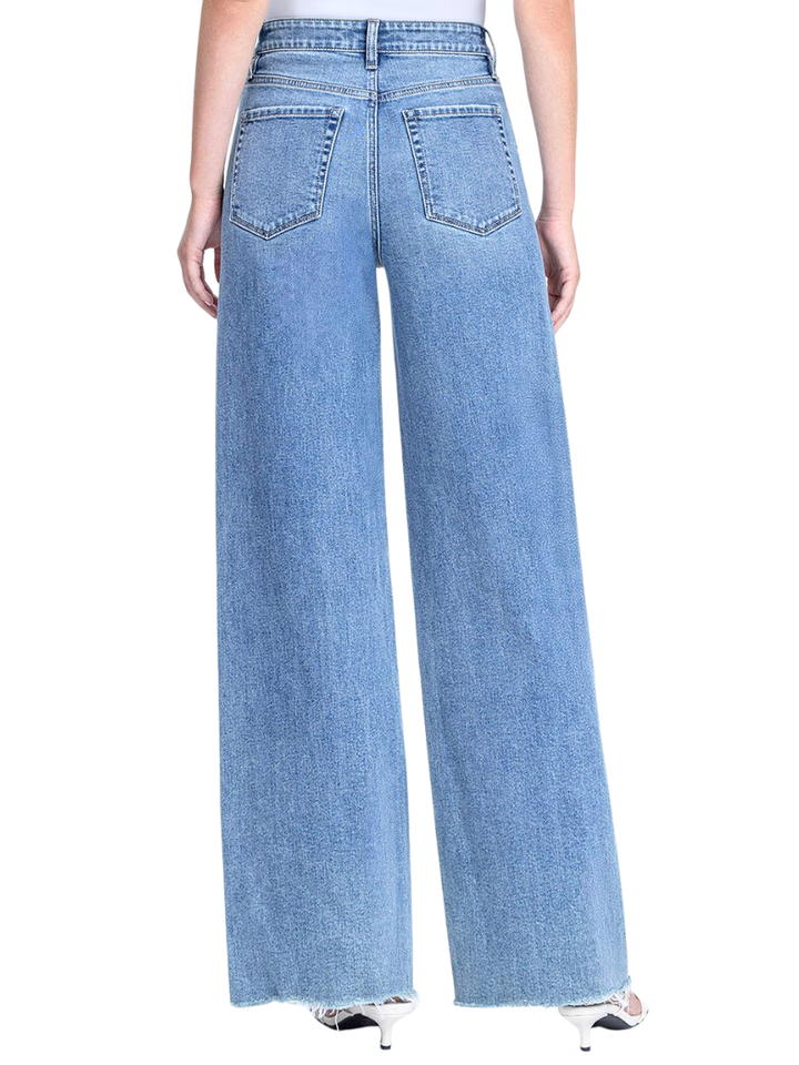 Elevate Super High Rise Medium Wash Raw Hem Wide Leg Jeans