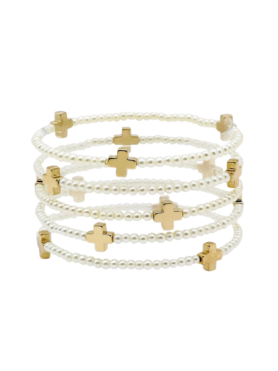 Cross Accent Multi Layered Pearl Beaded Stretch Bracelet