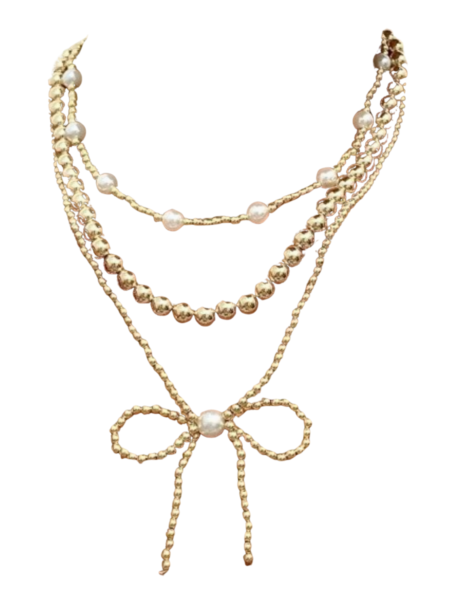 Multilayer Ball Chain Bead Pearl Bow Necklace