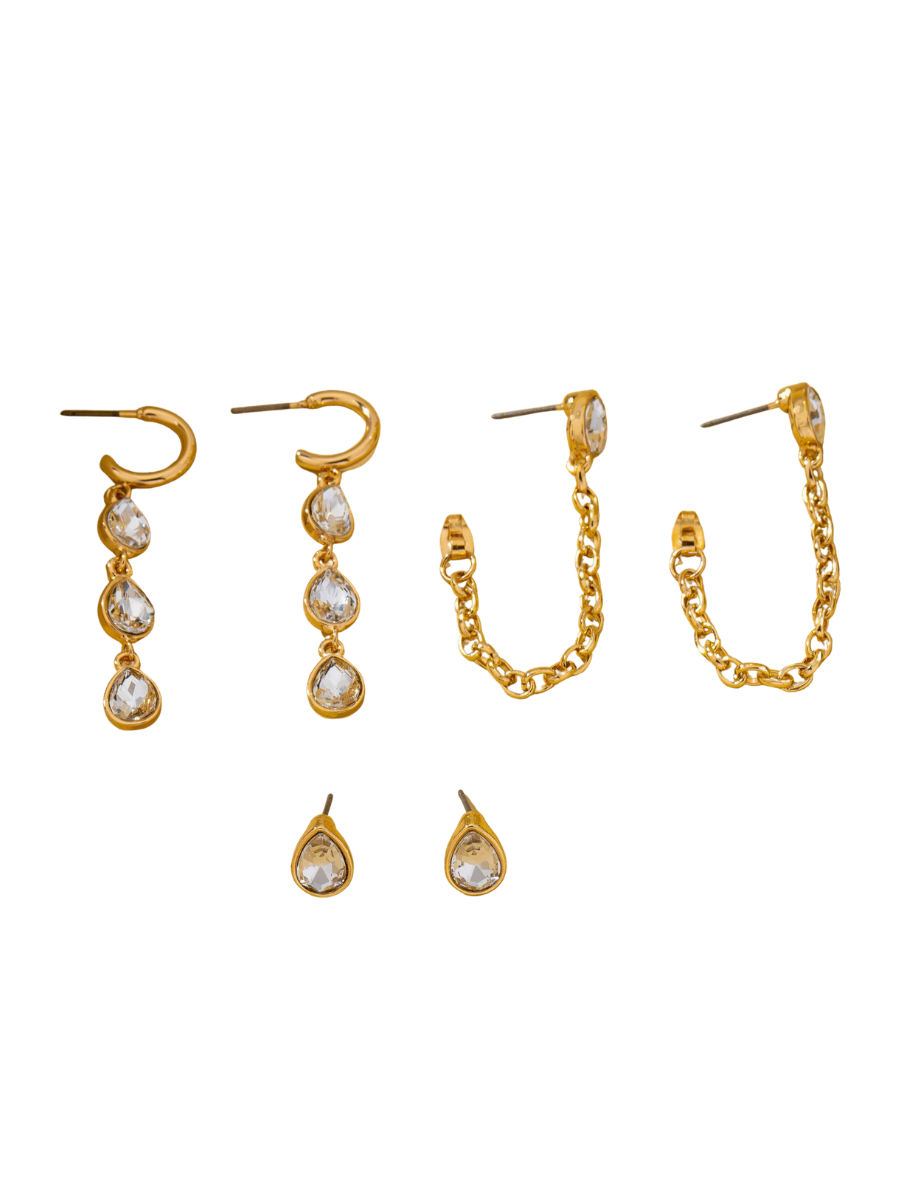 Teardrop Crystal Chain Hoop Drop Trio Earring Set
