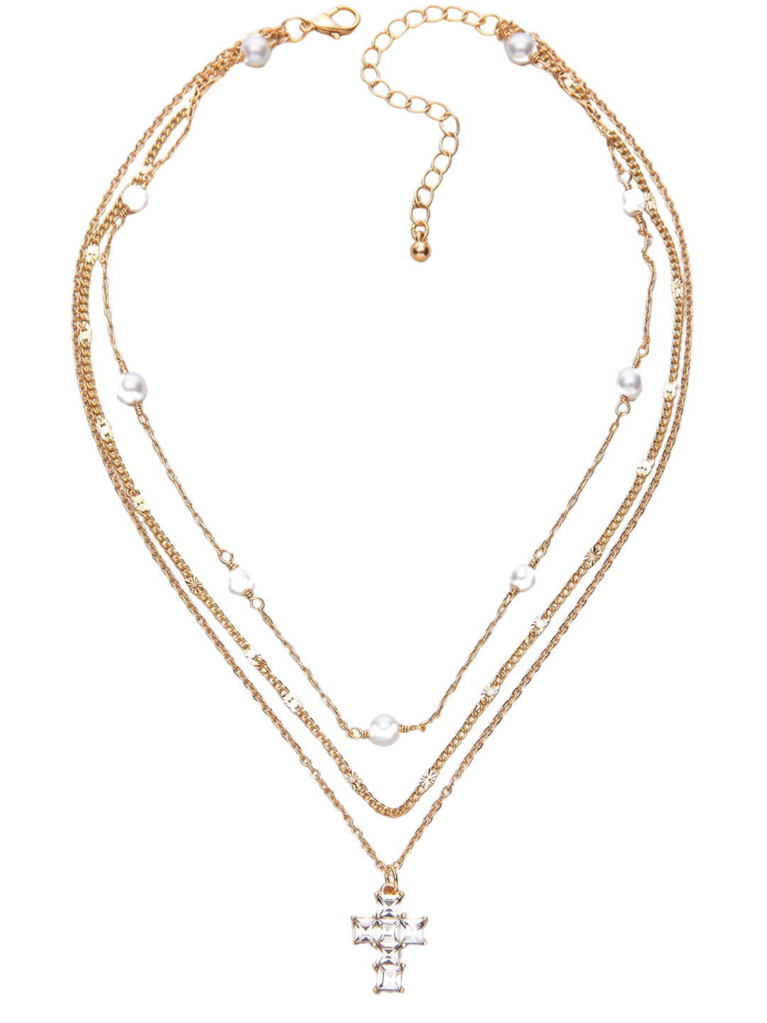 Layered Chain Necklace with Pearls and CZ Cross