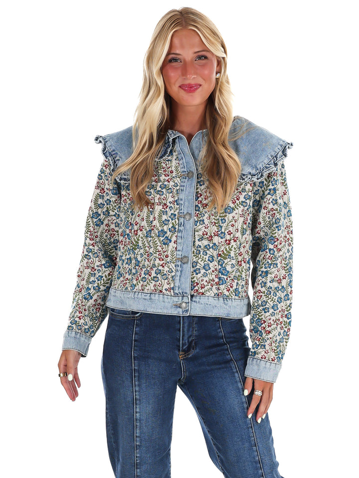 Vintage Finds Floral Ruffle Denim Jacket