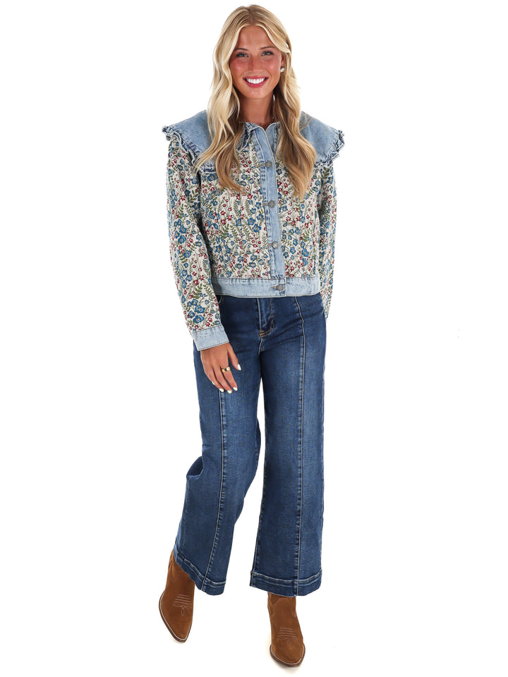 Vintage Finds Floral Ruffle Denim Jacket