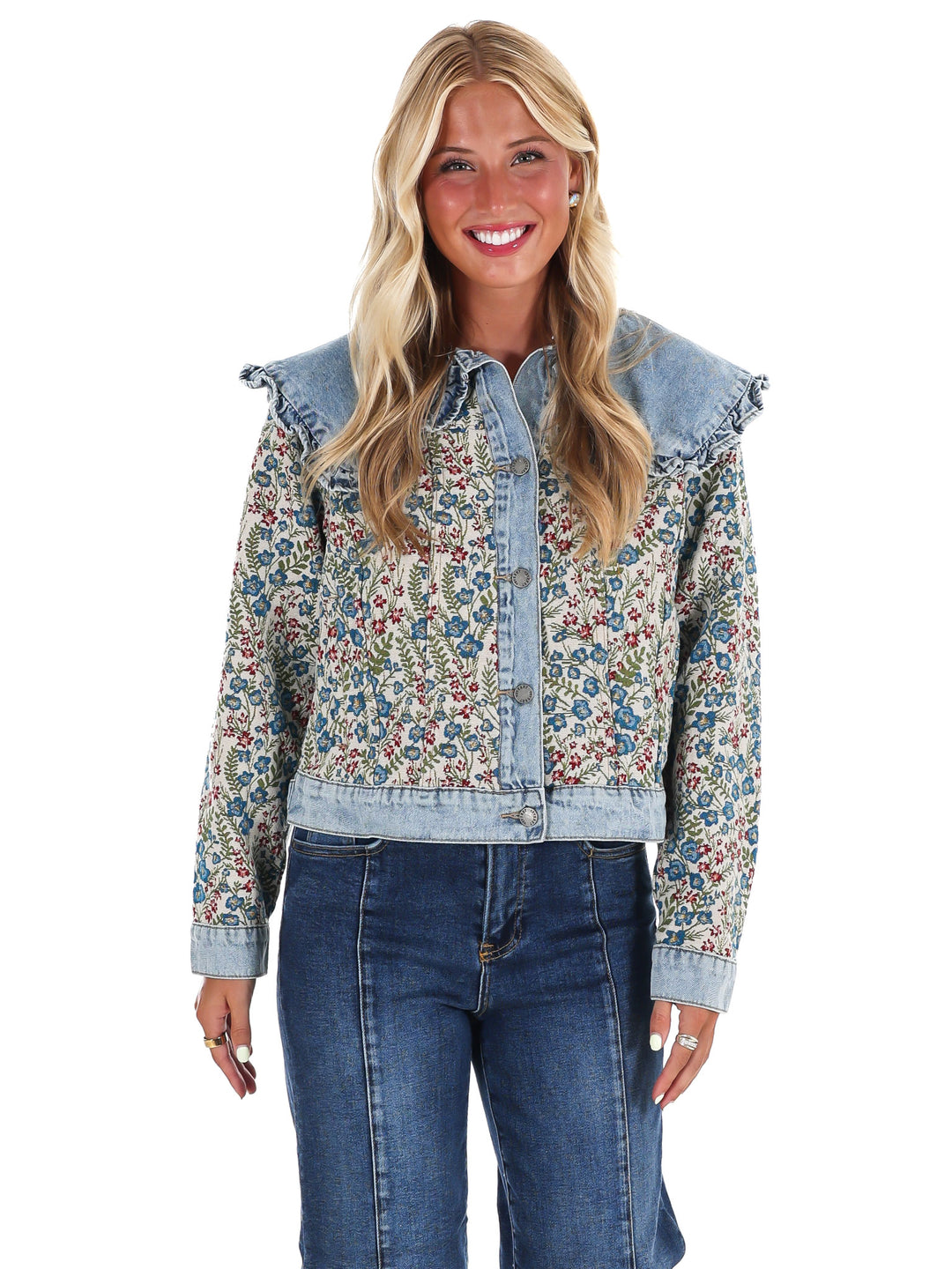 Vintage Finds Floral Ruffle Denim Jacket