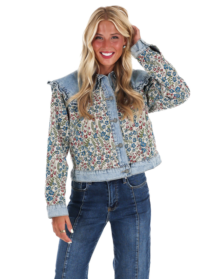 Vintage Finds Floral Ruffle Denim Jacket