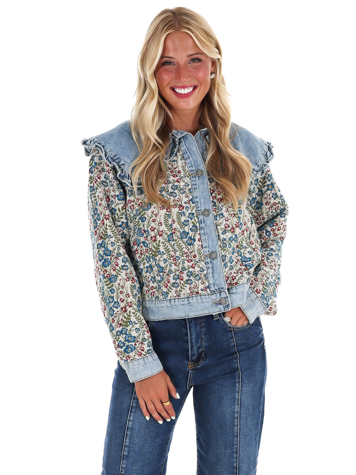 Vintage Finds Floral Ruffle Denim Jacket