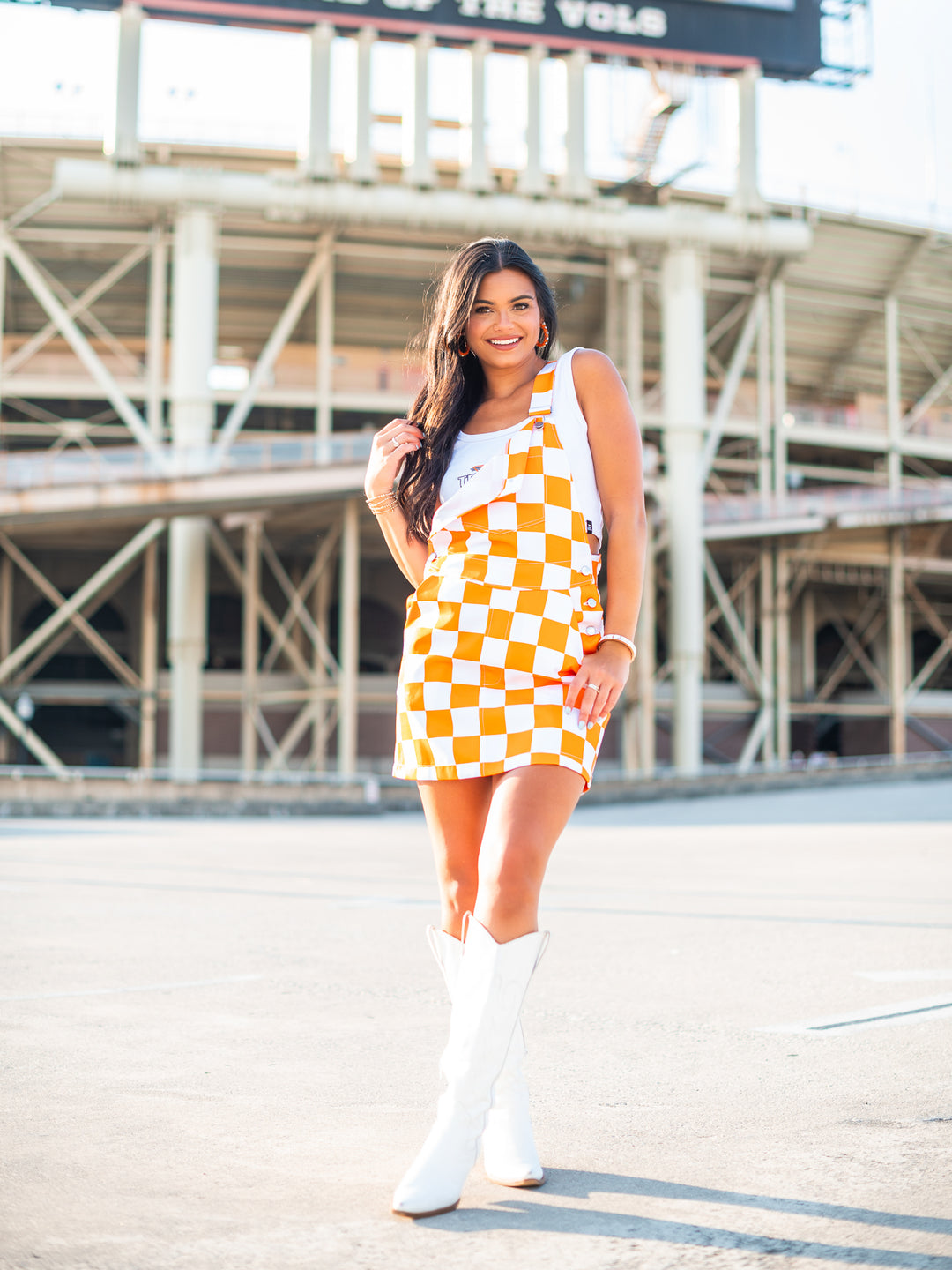 Orange & White Overall Bib Checkerboard Dress Josie's Boutique Orange & White Overall Bib Checkerboard Dress Josie's Boutique