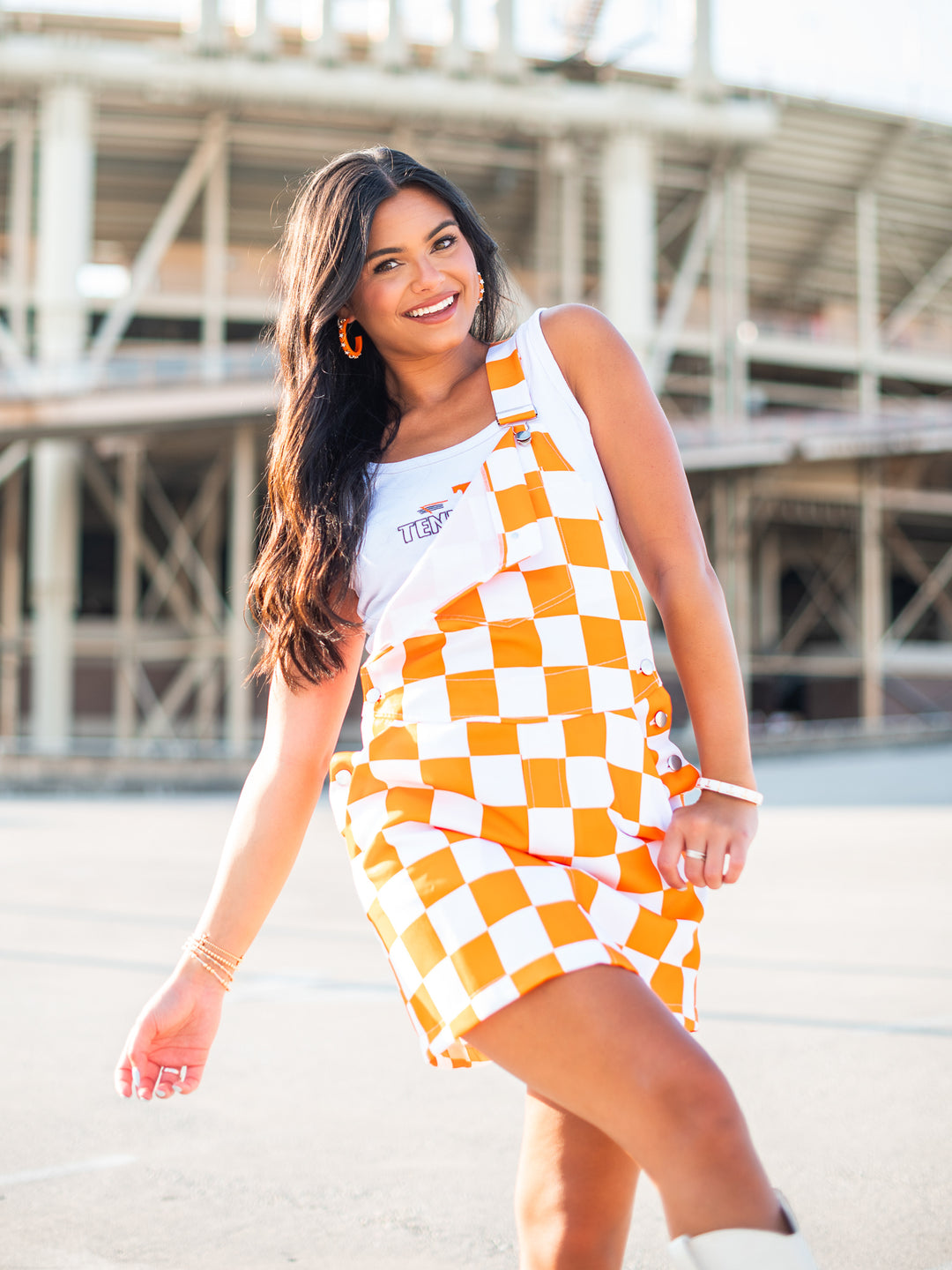 Orange & White Overall Bib Checkerboard Dress Josie's Boutique Orange & White Overall Bib Checkerboard Dress Josie's Boutique