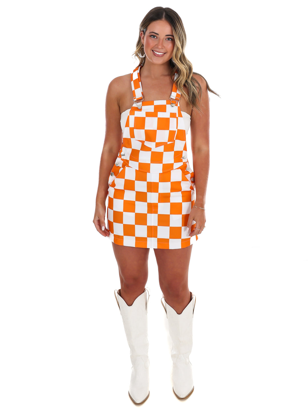 Orange & White Overall Bib Checkerboard Dress