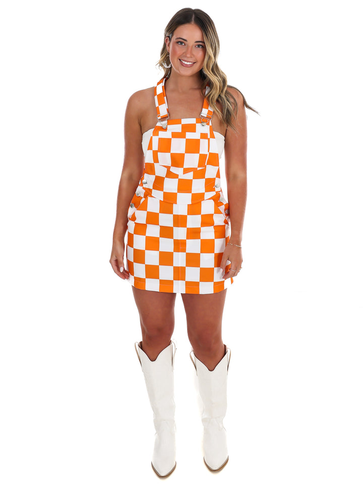 Orange & White Overall Bib Checkerboard Dress