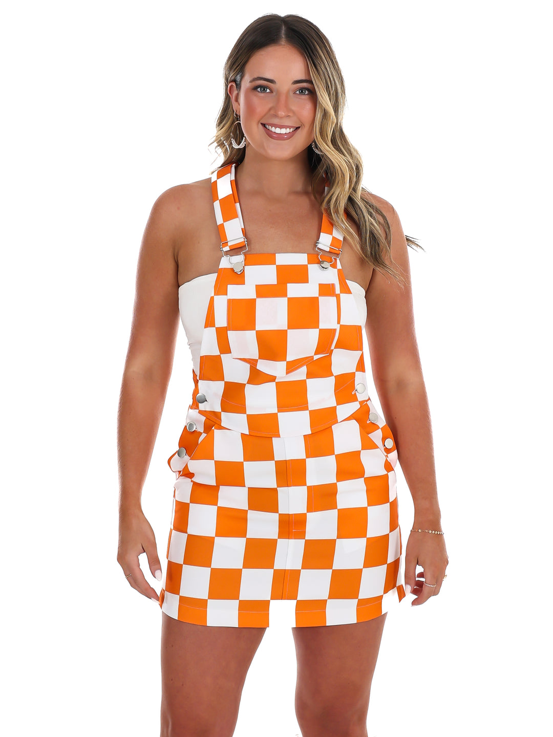 Orange & White Overall Bib Checkerboard Dress