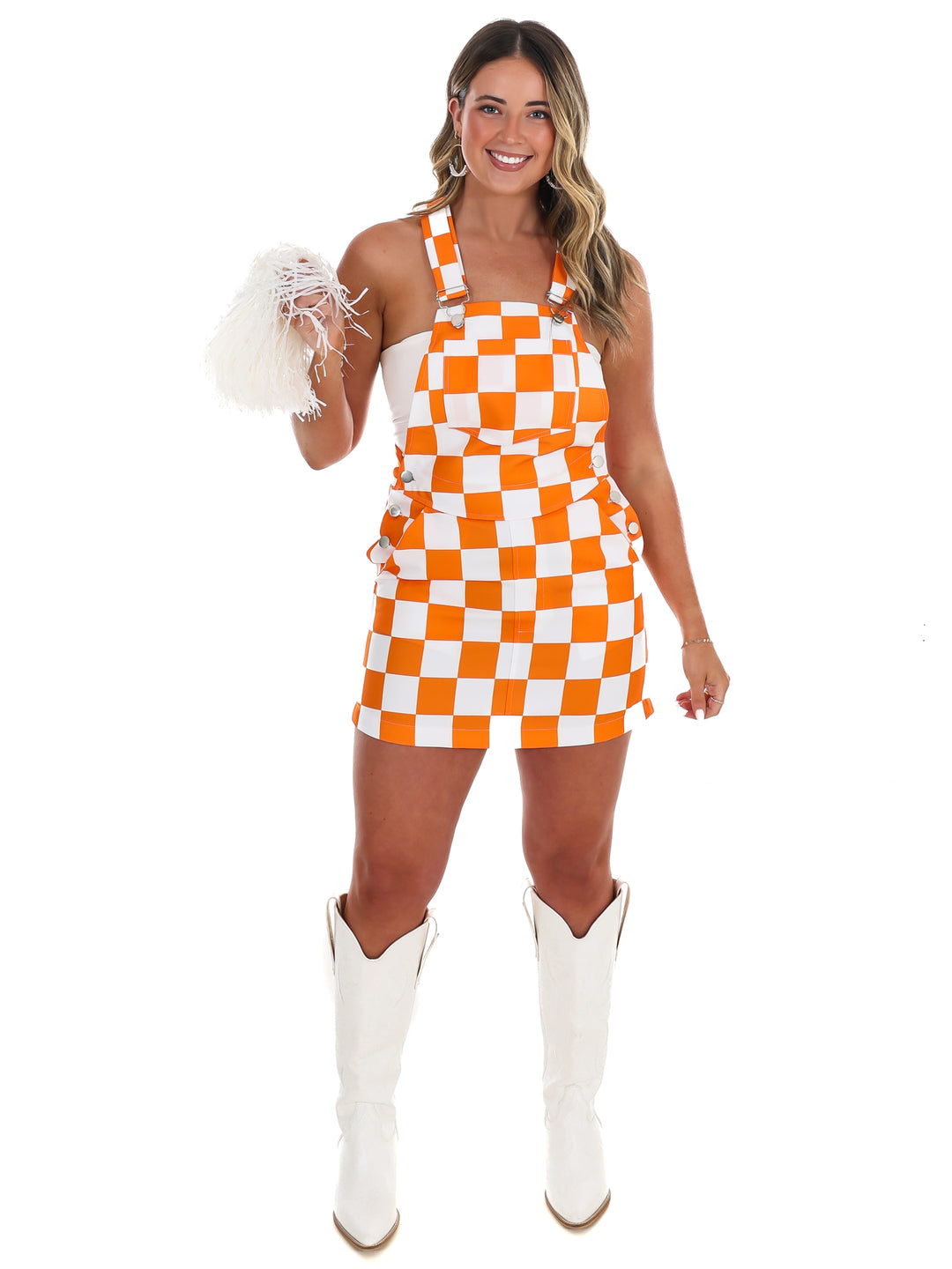 Orange & White Overall Bib Checkerboard Dress