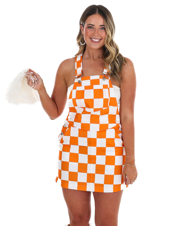 Orange & White Overall Bib Checkerboard Dress