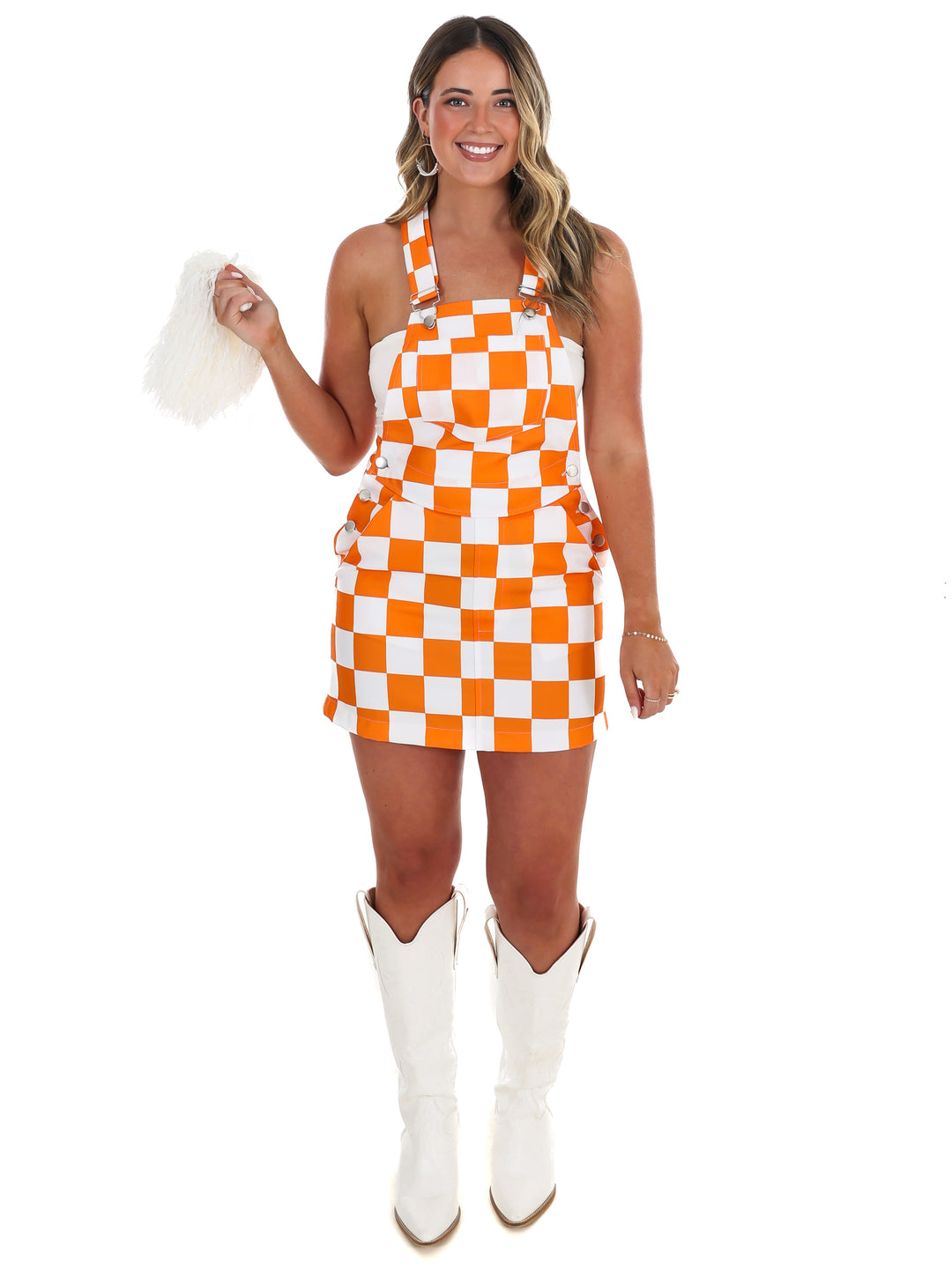 Orange & White Overall Bib Checkerboard Dress