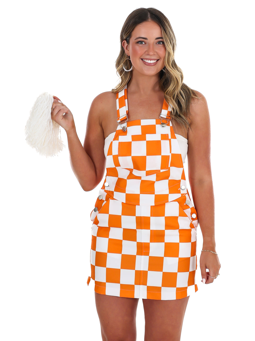 women orange overall dress Orange & White Overall Bib Checkerboard Dress Josie's Boutique