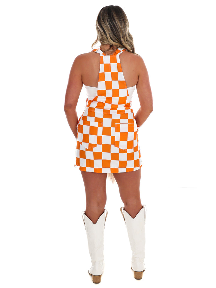 Orange & White Overall Bib Checkerboard Dress