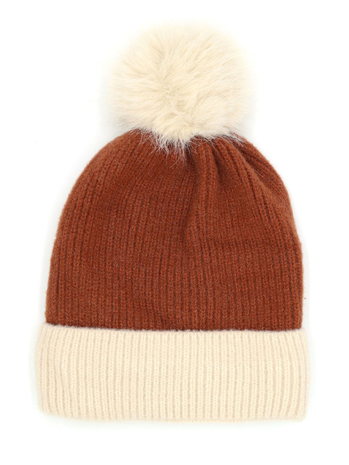 Two Tone Knit Pom Pom Beanie