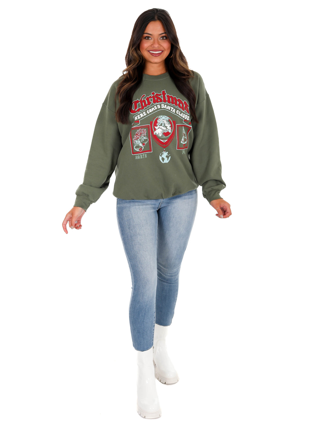 Christmas Patch Military Green Thrifted Sweatshirt