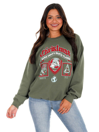 Christmas Patch Military Green Thrifted Sweatshirt