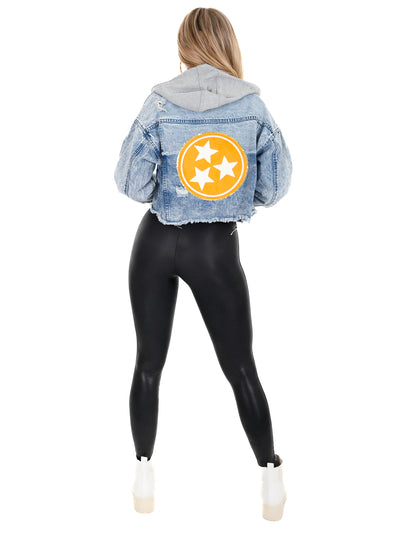 Orange Tri-Star Cropped Denim Hoodie Jacket