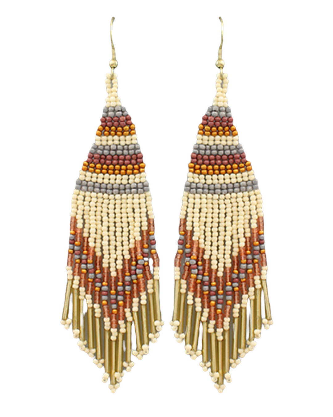 Triangle Bead Beige Tassel Earrings