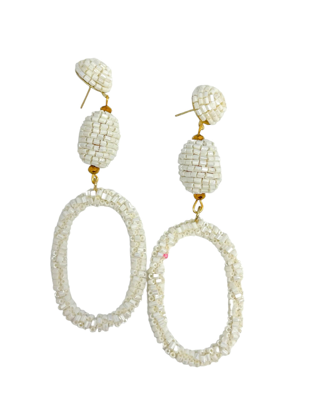 White Beaded Dangle Oval Earrings