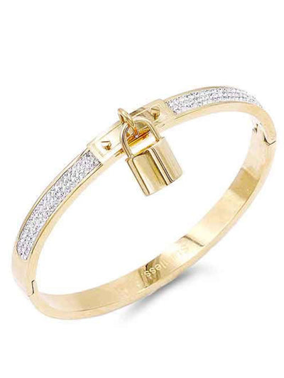 Gold Plated Stainless Steel CZ Stone Bangle Bracelet with Lock